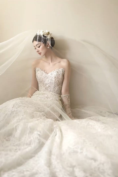 White strapless lace waist slim sexy long dress bridal gown R6052