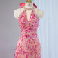 Pink halter-neck, fitted waist, sexy long ball gown, bridal dress R9037