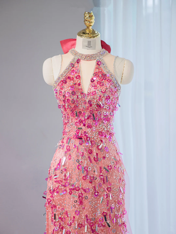 Pink halter-neck, fitted waist, sexy long ball gown, bridal dress R9037