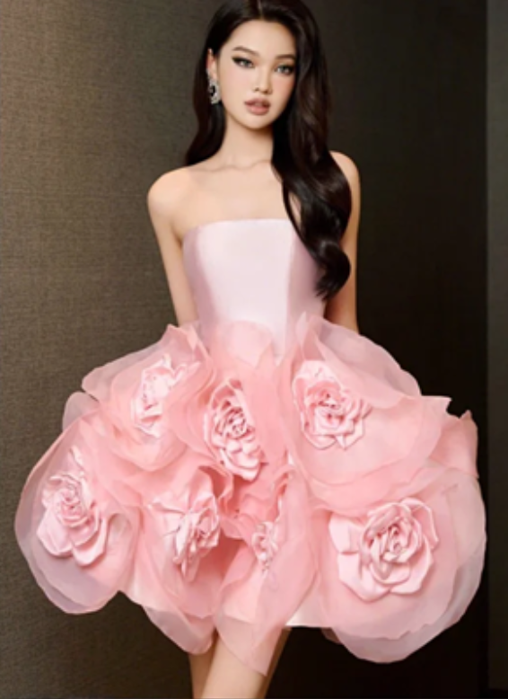 Pink Strapless Satin Gorgeous Three-Dimensional Skirt Flower Design Short Skirt Homecoming Dress R4672