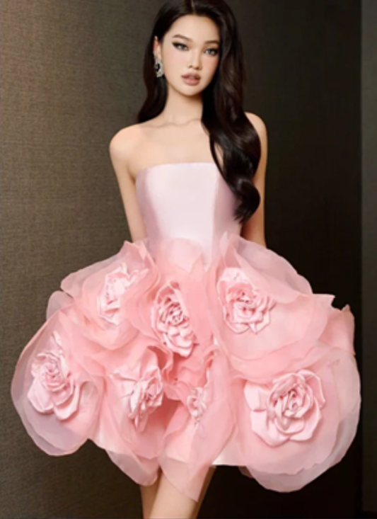 Pink Strapless Satin Gorgeous Three-Dimensional Skirt Flower Design Short Skirt Homecoming Dress R4672