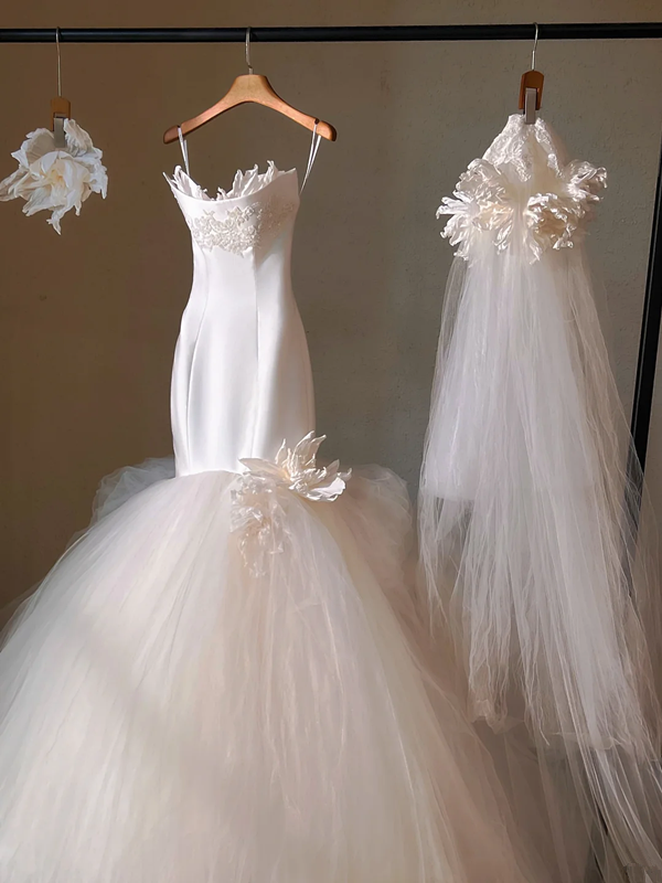 White suspender satin waist slim mermaid maxi bridal dress R5698