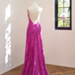 Barbie pink halter-neck fitted long sexy ball gown, bridal dress R8514