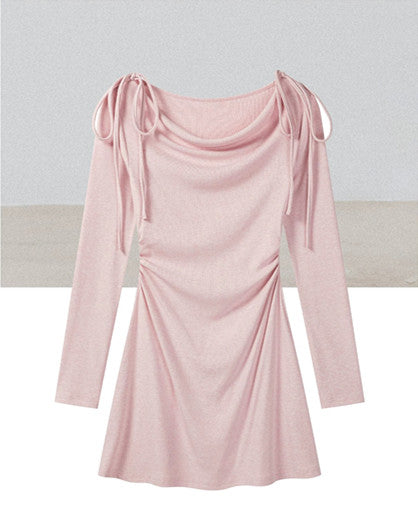 Dusty Pink Cowl Neck Long Sleeve Dress with Shoulder Ties R9174