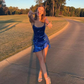 Blue sequined suspenders waist slim skirt homecoming dress R5580