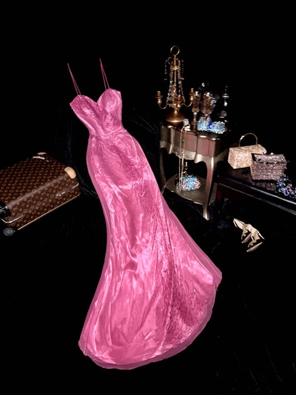 Pink halter-neck fitted beaded long ball gown R6970