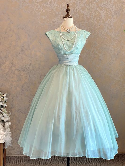Light green sleeveless fitted waist ball gown with a full skirt, bridal dress R7243