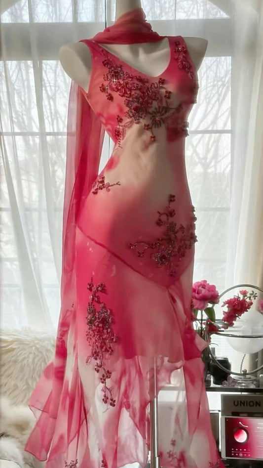 Pink V-neck slim waist irregular skirt dress, prom dress R5421