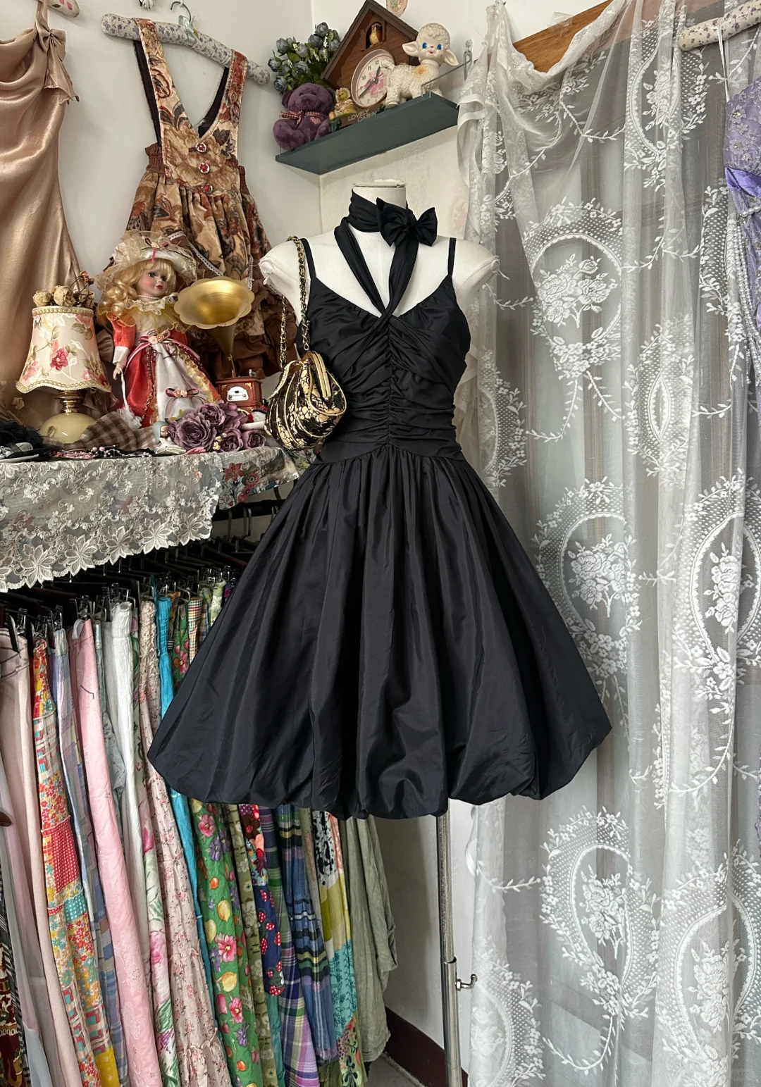 Black suspender waist pleated satin A-line bud skirt short ball gown R6172