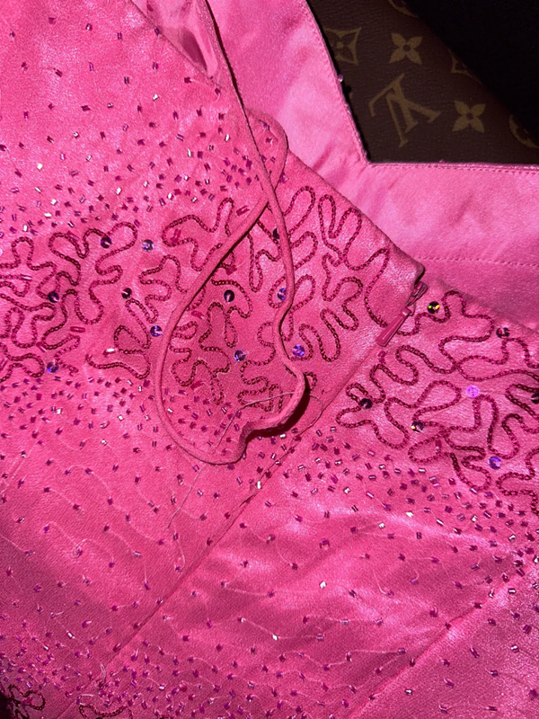 Pink halter-neck fitted beaded long ball gown R6970