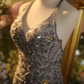 Gray gradient halter-neck fitted waist sexy long ball gown R7263