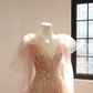 Light pink V-neck fitted A-line long ball gown, bridal dress R8553