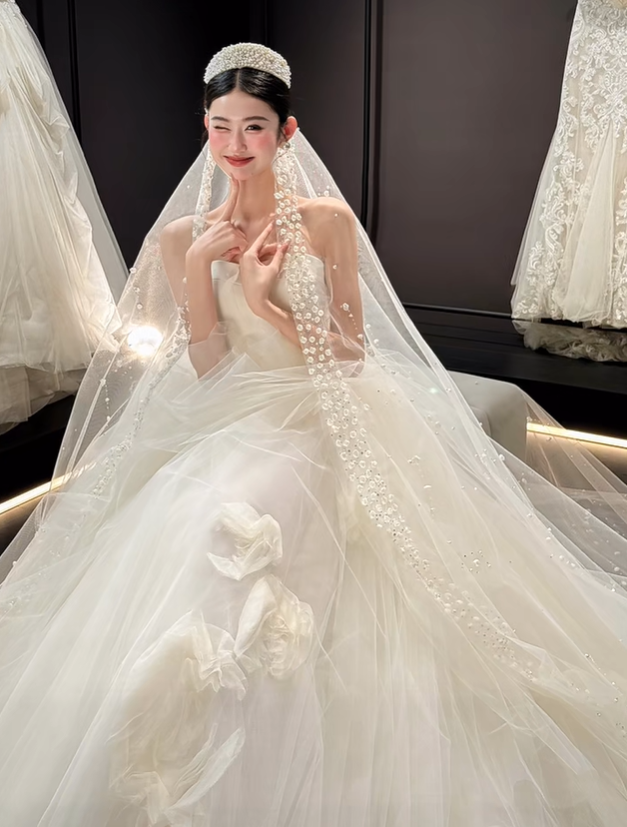 White tube top slim waist puffy skirt tulle bridal dress R6032