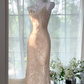 Light pink halter-neck fitted long floral print ball gown R7645