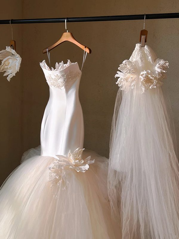 White suspender satin waist slim mermaid maxi bridal dress R5698