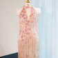 Light pink halter neck, fitted waist, sexy fairy-like long ball gown, bridal dress R9007