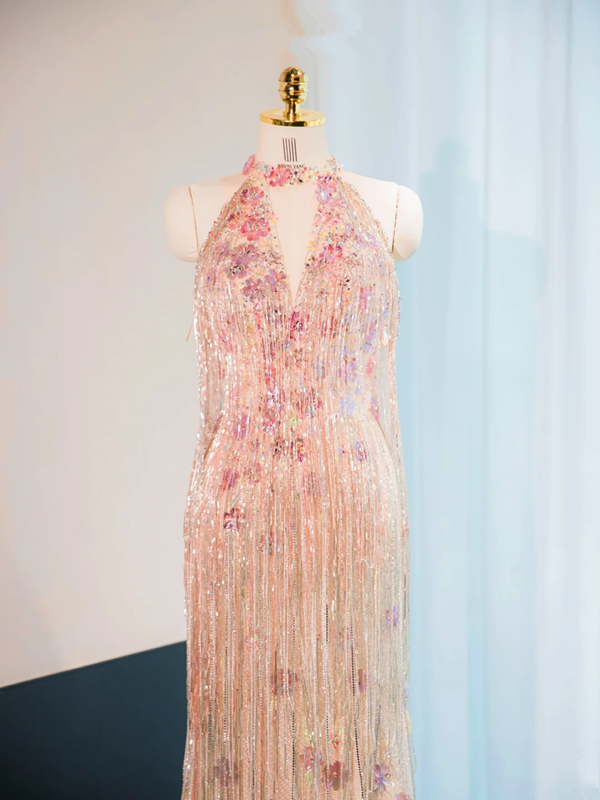 Light pink halter neck, fitted waist, sexy fairy-like long ball gown, bridal dress R9007