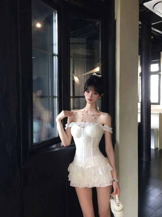 White suspenders waist slim fishbone top cake mini skirt homecoming dress R5079