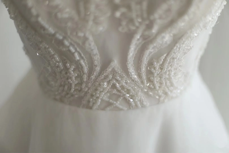 White lace halter neck fitted waist long tulle skirt ball gown, bridal dress R6731