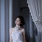 White halter-neck, fitted waist, backless sexy ball gown R7530