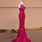 Rose pink halter neck fitted waist bodycon long ball gown/bridal dress R8396
