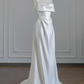 White satin off-the-shoulder, fitted waist, long ball gown/bridal dress R8251