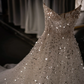 White halter-neck, silver sequined, fitted waist long ball gown, bridal dress R8827