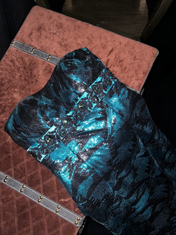 Dark green strapless floral sequined fitted long ball gown R7050