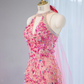 Pink halter-neck, fitted waist, sexy long ball gown, bridal dress R9037