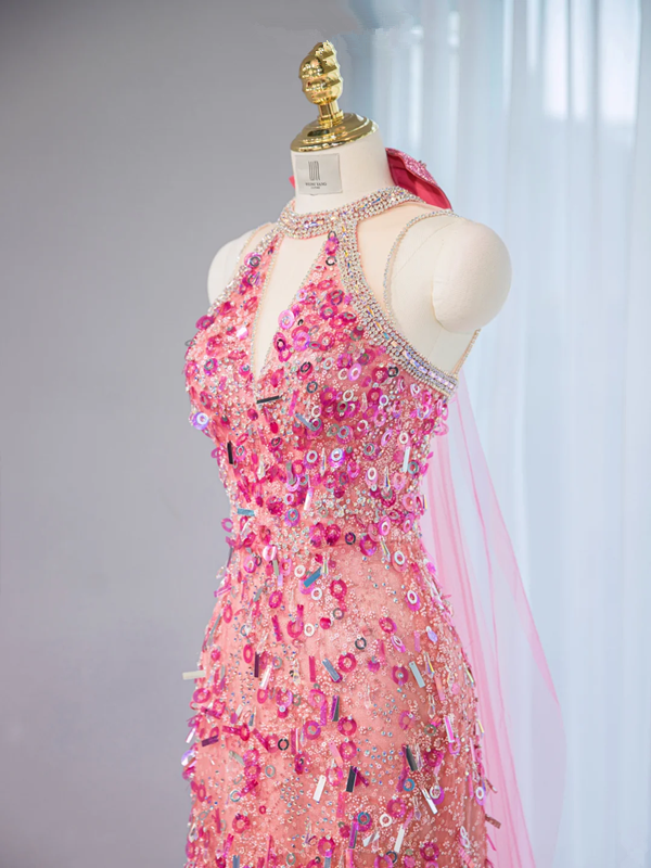 Pink halter-neck, fitted waist, sexy long ball gown, bridal dress R9037