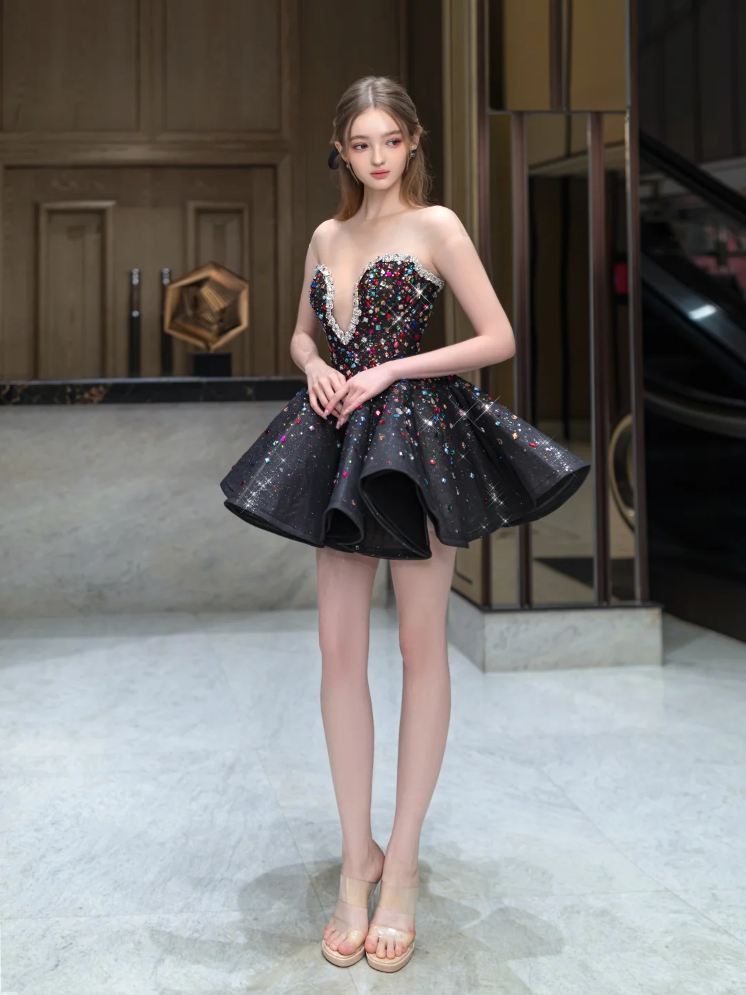 Black tube top sequined waist slim fit puffy skirt homecoming dress R4349