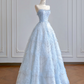Light blue strapless, fitted waist, full skirt, long ball gown R8196