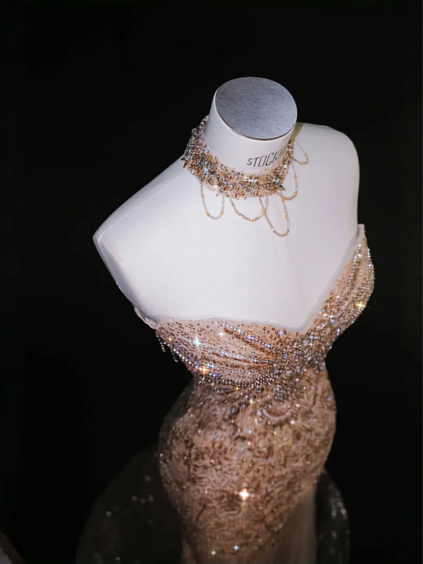 Pink tube-top sequined slim-waisted fishtail maxi dress, prom dress R5656