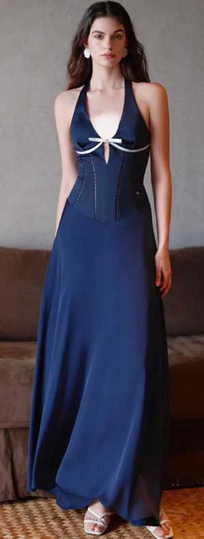 Dark blue halter neck slim waist elegant temperament long dress homecoming dress R4754