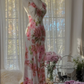 Light pink floral print halter neck fitted waist long ball gown R7726