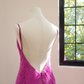 Barbie pink halter-neck fitted long sexy ball gown, bridal dress R8514