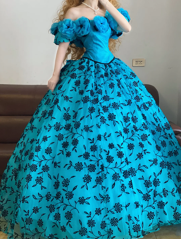 Blue Off-the-shoulder Waist-Cinched Puff-Skirt Ball Gown R7372