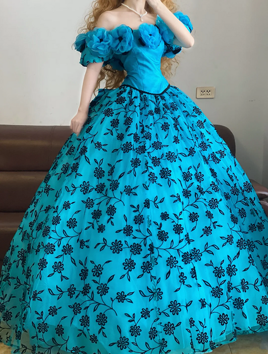Blue Off-the-shoulder Waist-Cinched Puff-Skirt Ball Gown R7372