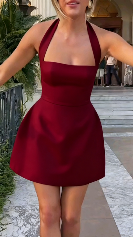 Light apricot halter neck slim waist A-line cute short skirt homecoming dress R3166