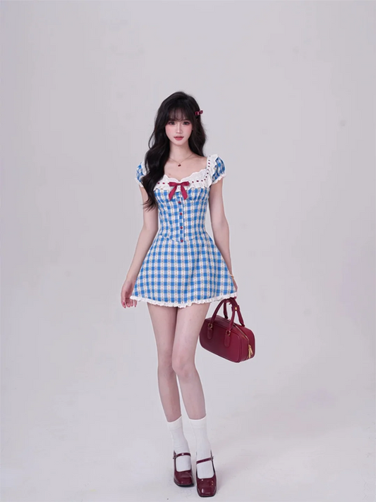Blue plaid slim waist A-line mini skirt homecoming dress R5261