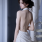 White halter-neck, fitted waist, backless sexy ball gown R7530