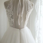 White lace halter neck fitted waist long tulle skirt ball gown, bridal dress R6731