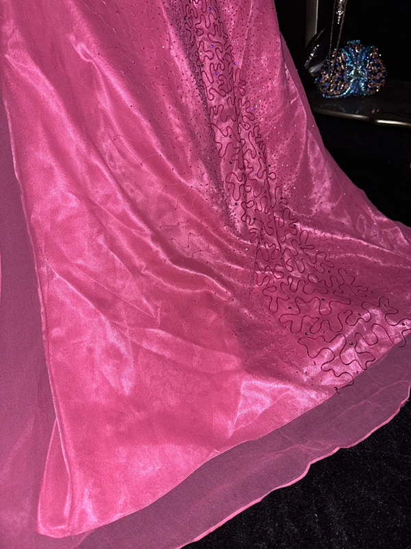 Pink halter-neck fitted beaded long ball gown R6970