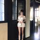 White suspenders waist slim fishbone top cake mini skirt homecoming dress R5079