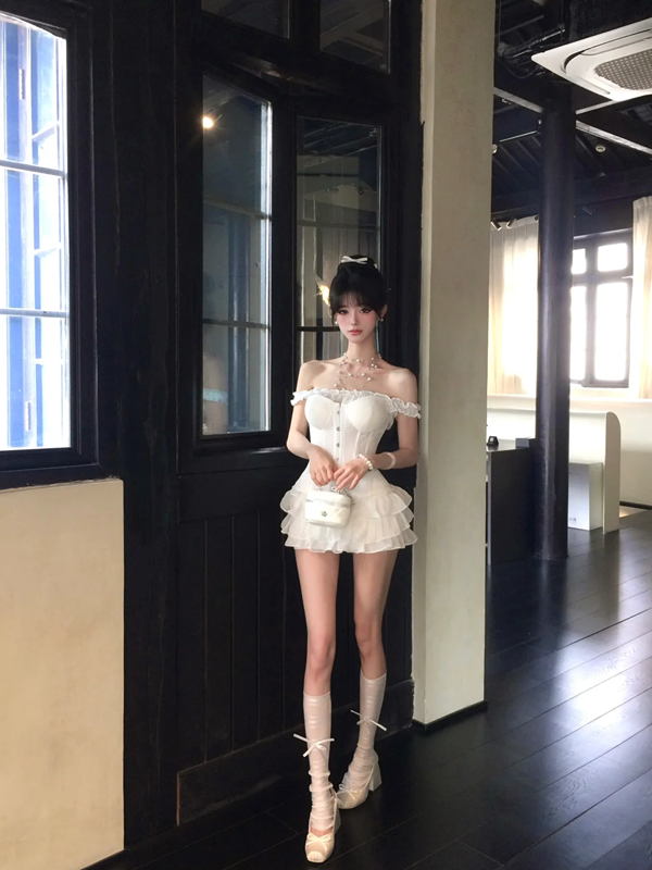 White suspenders waist slim fishbone top cake mini skirt homecoming dress R5079