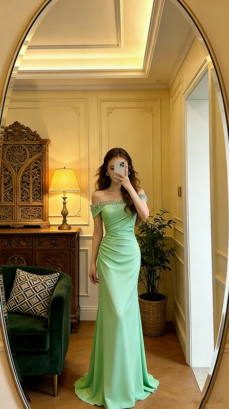 Light blue off-the-shoulder rhinestone-embellished fitted mermaid skirt elegant ball gown R8608