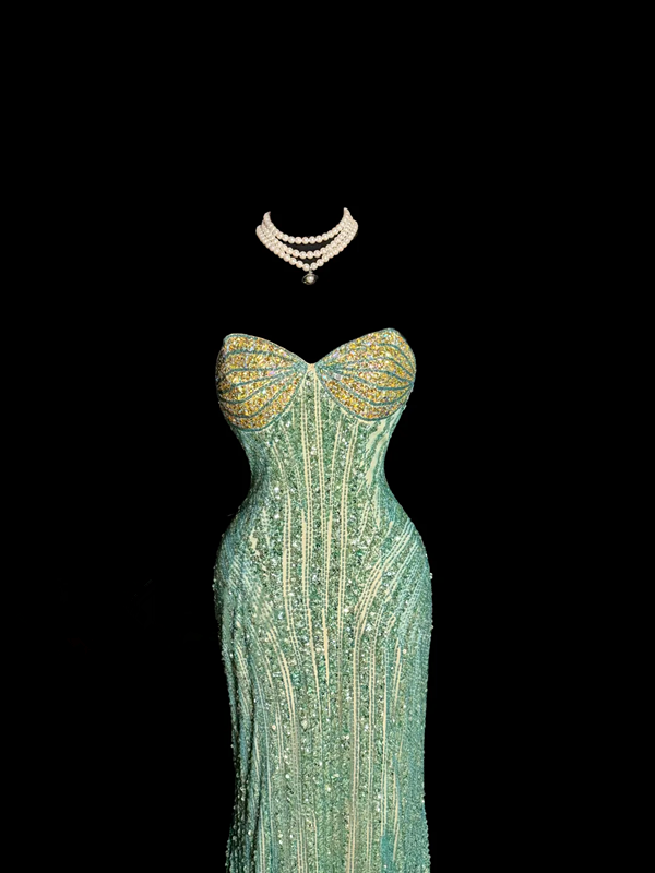 Green strapless rhinestone-embellished fitted long ball gown with a sexy silhouette R6611