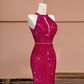 Rose pink halter neck fitted waist bodycon long ball gown/bridal dress R8396