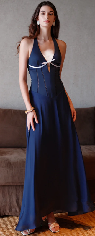 Dark blue halter neck slim waist elegant temperament long dress homecoming dress R4754