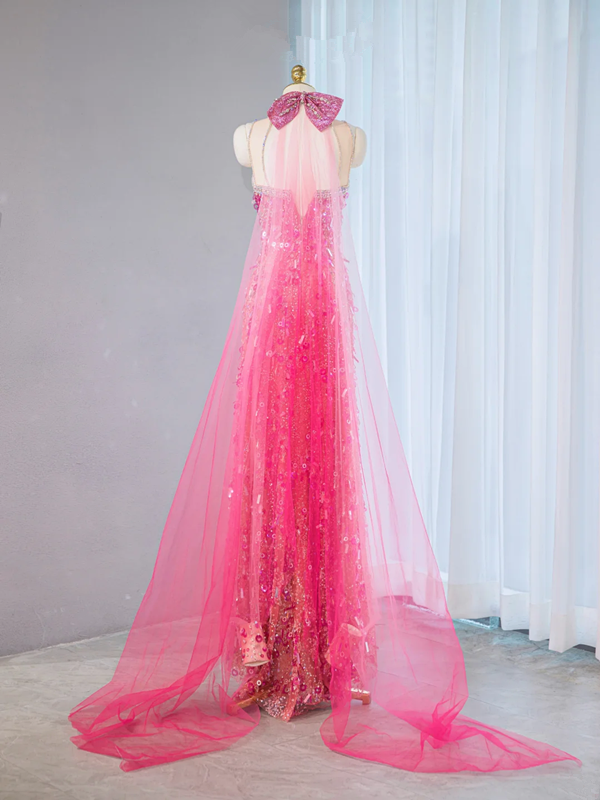 Pink halter-neck, fitted waist, sexy long ball gown, bridal dress R9037